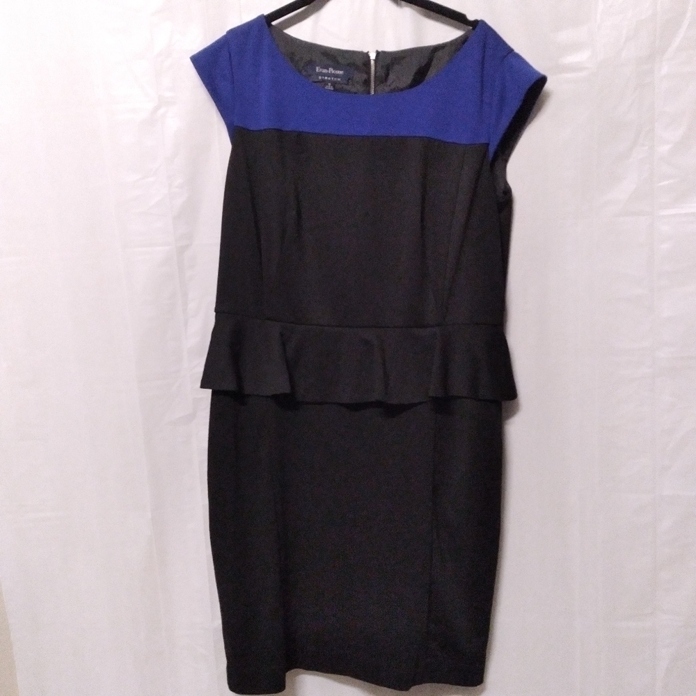 🦋 Evan Picone Sheath Suit Dress Black & Blue Peplum Career Chic Colorblock  12